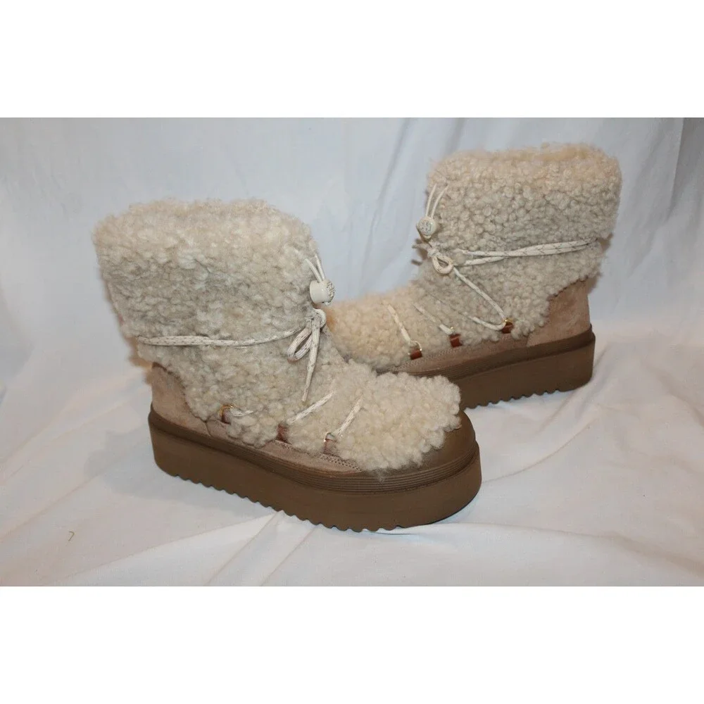 Tory Burch Women's Mellow Shearling Platform Boots Buttermilk Brown 9.5 $500